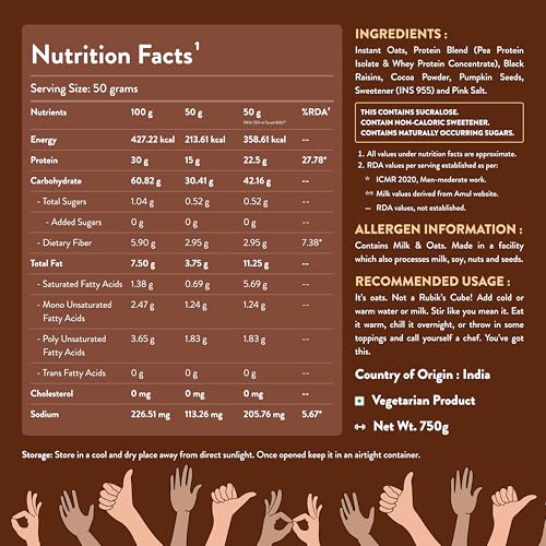 Nutrabay High Protein Oats - 750g, Dark Chocolate Raisin | 30g Highest Protein Oats Ever with Whey Protein Concentrate & Pea Protein Isolate | Zero Added Sugar