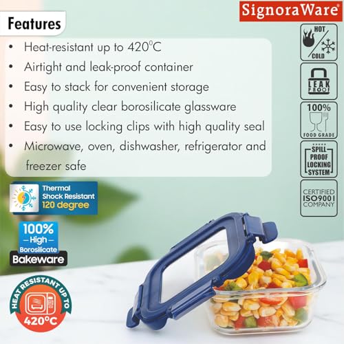 SignoraWare Secure N Store Borosilicate Glass Square Container | Airtight Seal | Microwave Safe | Reheating & Baking | Stylish & Practical | Great for Office, Travel & Outdoors (800ml | Clear)