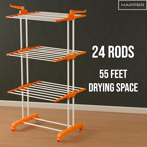 Happer 3-Layer Foldable Clothes Drying Stand with Wheels – Orange
