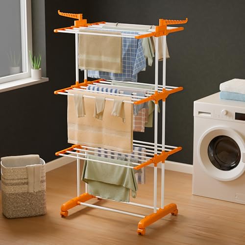 Happer 3-Layer Foldable Clothes Drying Stand with Wheels – Orange