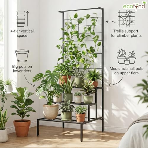 ecofynd Bloom Plant Stands for Outdoor Balcony, Flower Pot Stand for Indoor Plants, Large Metal Planter Stand for Living Room, home decor, Indoor & Outdoor plants, 4 Tier, (Black)