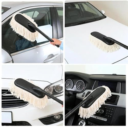 Nirency Premium Soft Fiber Car Duster Brush Set with Dashboard & Air Vent Cleaning Brush | Scratch-Free Car Interior & Exterior Dust Cleaner for Car (Pack of 2) (White Car Duster + Brush)