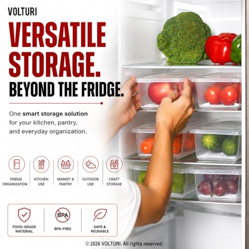 VOLTURI Fridge Storage Containers (Pack of 6), Fridge Organiser Storage Boxes with Removable Drain Plate, Fridge Organizer, Fridge Storage Box Kitchen Containers Keep Fruits Vegetables Fresher 1500 ML