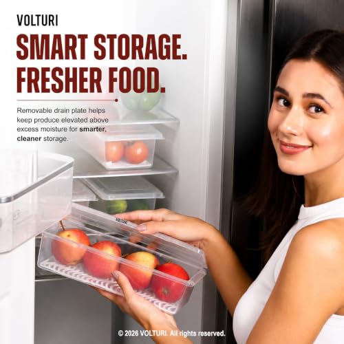 VOLTURI Fridge Storage Containers (Pack of 6), Fridge Organiser Storage Boxes with Removable Drain Plate, Fridge Organizer, Fridge Storage Box Kitchen Containers Keep Fruits Vegetables Fresher 1500 ML