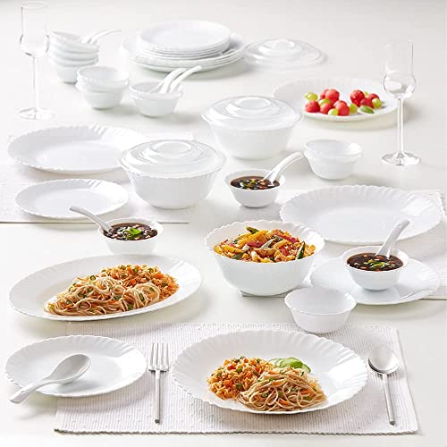 Larah by Borosil 47 Pc White Opalware Dinner Set for Family of 8, Microwave & Dishwasher Safe Silk Series Crockery for Dining & Gifting, Bone Ash Free Plates & Bowls