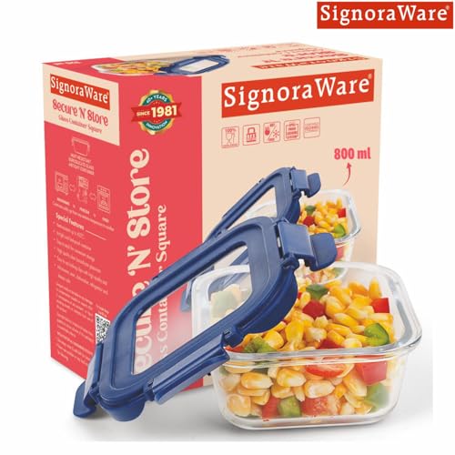 SignoraWare Secure N Store Borosilicate Glass Square Container | Airtight Seal | Microwave Safe | Reheating & Baking | Stylish & Practical | Great for Office, Travel & Outdoors (800ml | Clear)