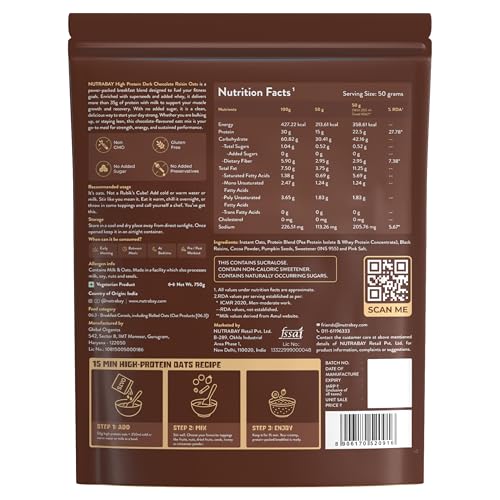 Nutrabay High Protein Oats - 750g, Dark Chocolate Raisin | 30g Highest Protein Oats Ever with Whey Protein Concentrate & Pea Protein Isolate | Zero Added Sugar
