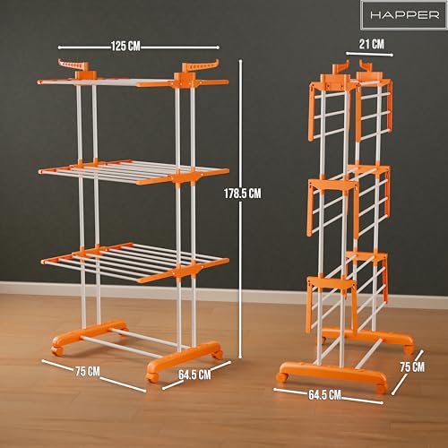 Happer 3-Layer Foldable Clothes Drying Stand with Wheels – Orange