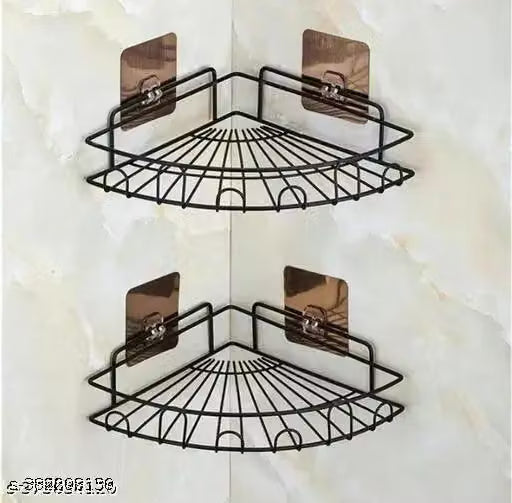 Pack of 2 Self-Adhesive Stainless Steel Corner Wall Shelf Black