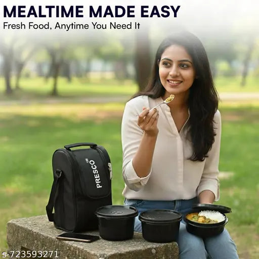 Black insulated lunch bag with stainless steel containers