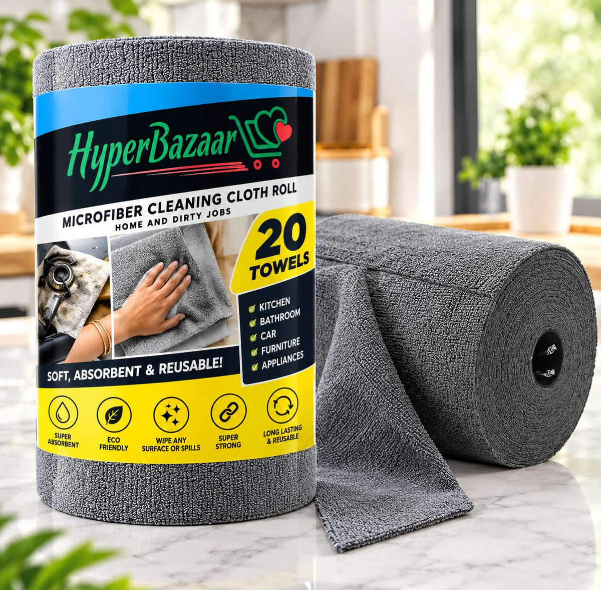 HyperBazaar Microfiber Cleaning Cloth Roll for Kitchen, 20 Pcs Reusable Tearable Roll, 4000 Wash Lint-Free Cloth for Kitchen, Car, Glass & Furniture Cleaning