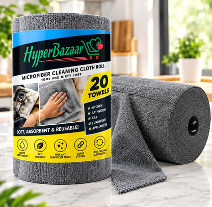 HyperBazaar Microfiber Cleaning Cloth Roll for Kitchen, 20 Pcs Reusable Tearable Roll, 4000 Wash Lint-Free Cloth for Kitchen, Car, Glass & Furniture Cleaning