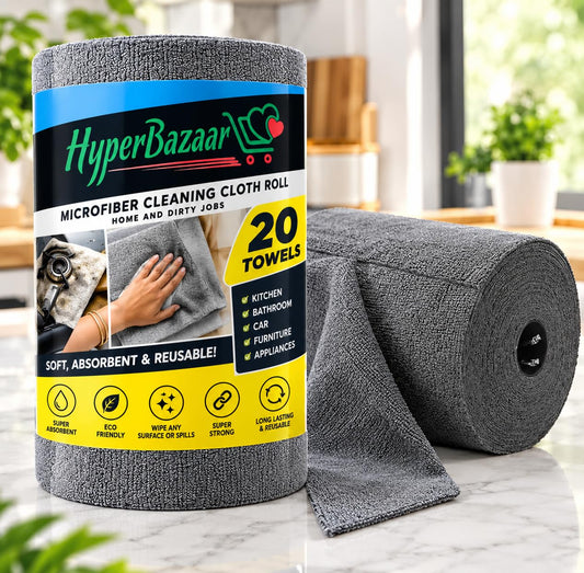 HyperBazaar Microfiber Cleaning Cloth Roll for Kitchen, 20 Pcs Reusable Tearable Roll, 4000 Wash Lint-Free Cloth for Kitchen, Car, Glass & Furniture Cleaning