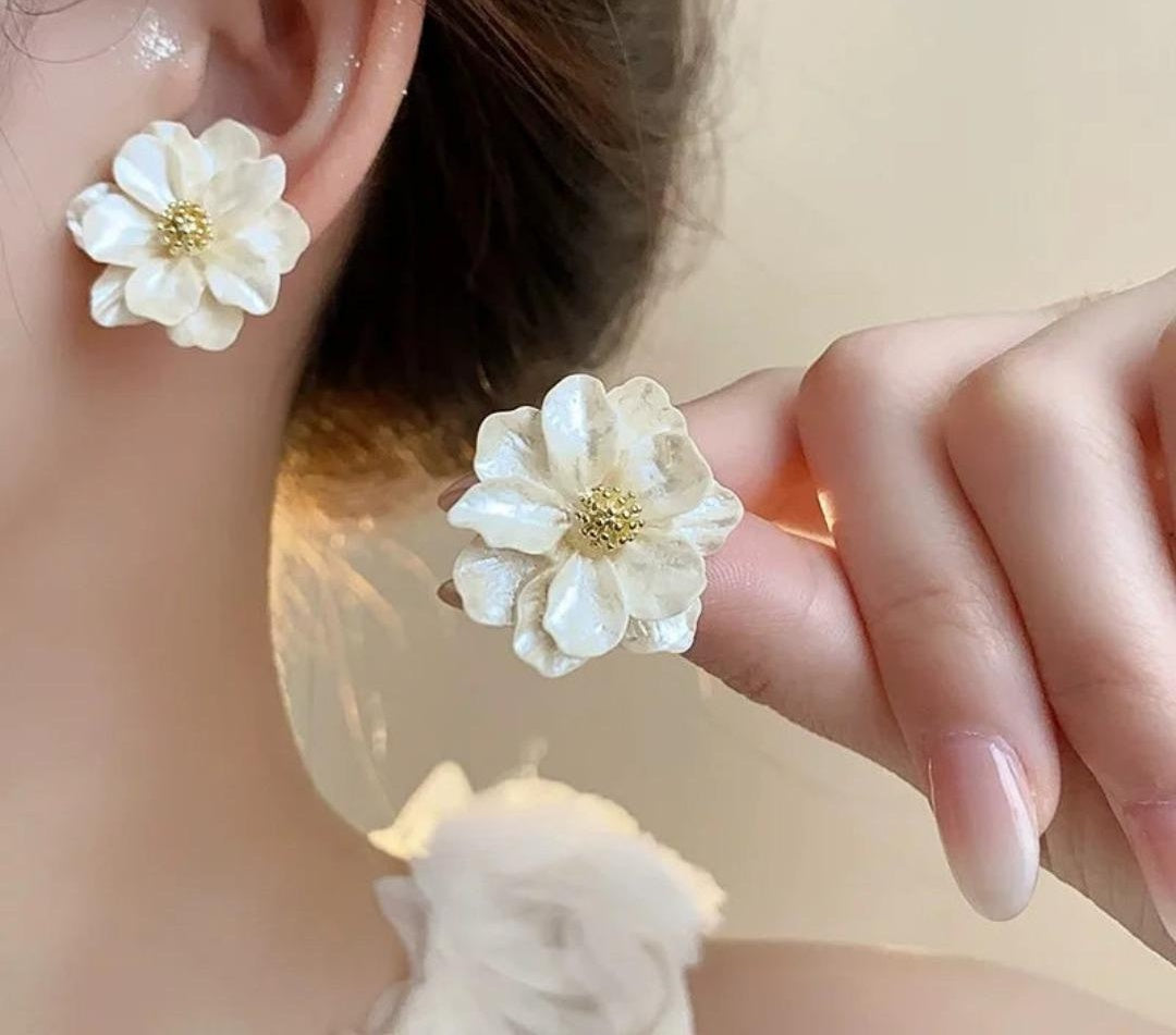 Korean Pearl Flower Stud Earrings on ear
