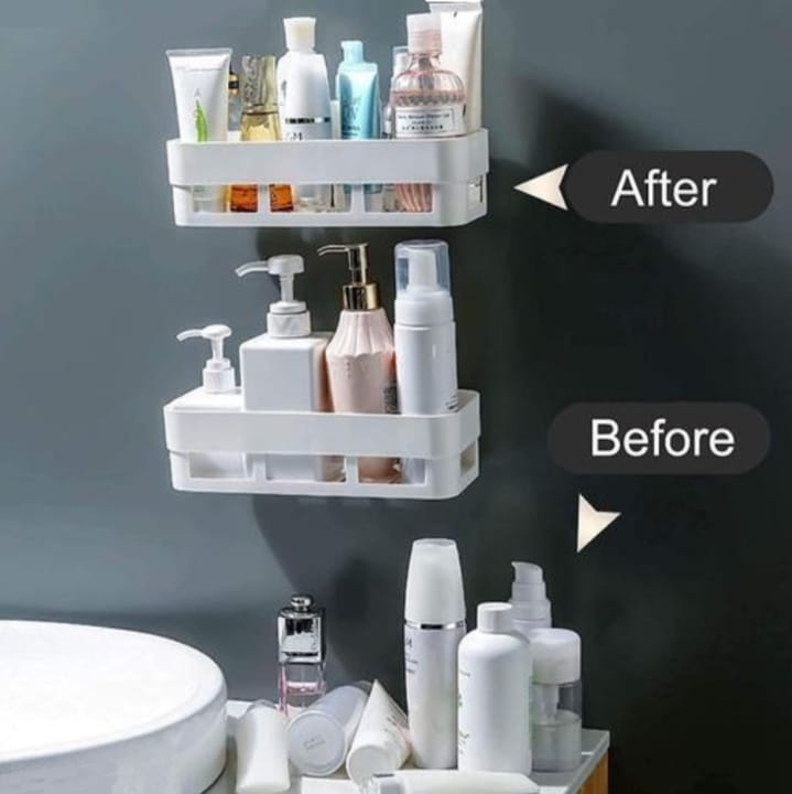 2 Bathroom Kitchen Shelves And 6 Self Adhesive Wall Hooks (Combo Offer)