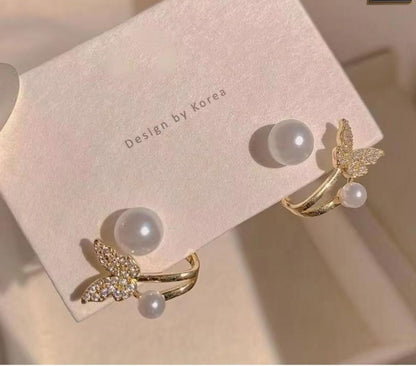 Korean Butterfly Pearl Cuff Earrings