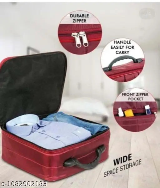 Maroon foldable duffel luggage bag with 4 compartments, side view