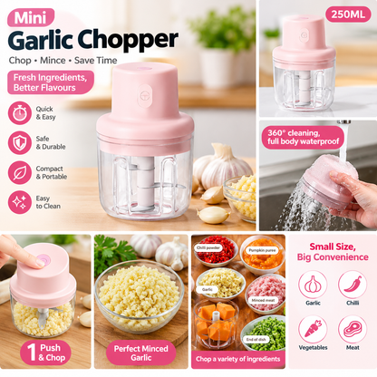 Mini Electric Garlic Chopper 250ml | USB Rechargeable Vegetable & Fruit Chopper