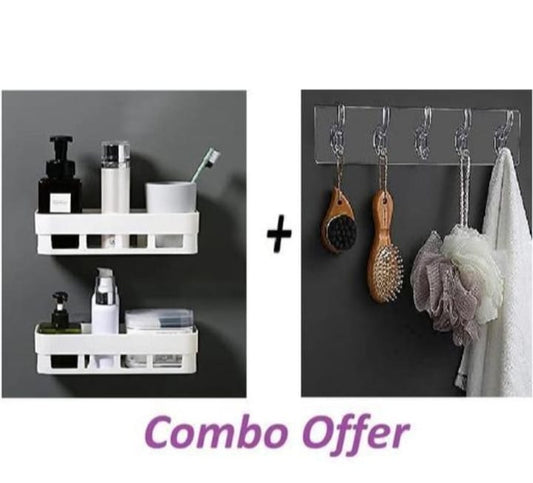 Bathroom & Kitchen Wall Shelf with 6 Self-Adhesive Hooks – Waterproof Storage Organizer Combo