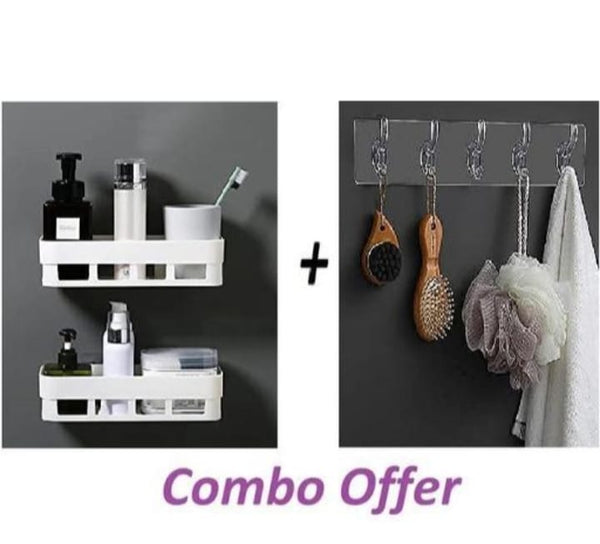 Bathroom & Kitchen Wall Shelf with 6 Self-Adhesive Hooks – Waterproof Storage Organizer Combo