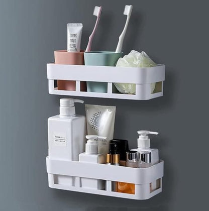 Bathroom & Kitchen Wall Shelf with 6 Self-Adhesive Hooks – Waterproof Storage Organizer Combo