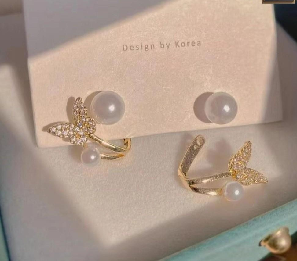 Korean Butterfly Pearl Cuff Earrings detail