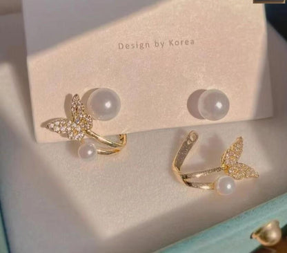 Korean Butterfly Pearl Cuff Earrings detail