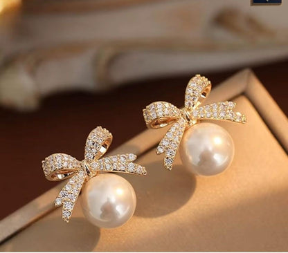 Korean Crystal Bow Pearl Drop Earrings